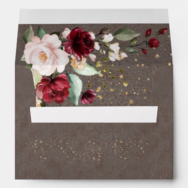 Blush Burgundy Floral Watercolor Rustic Wedding Envelope (Back (Bottom))
