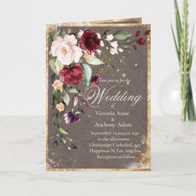 Blush Burgundy Floral Watercolor Rustic Wedding In Invitation (Front)