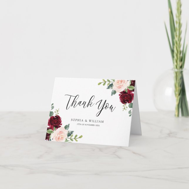 Blush & Burgundy Floral Watercolor Wedding Event Thank You Card (Front)