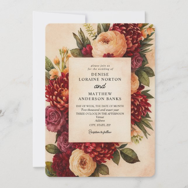 Blush Burgundy Floral Watercolor Wedding Invitation (Front)