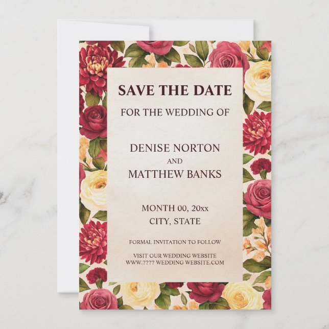 Blush Burgundy Floral Watercolor Wedding Save The Date (Back)