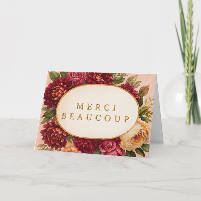 Blush Burgundy Floral Watercolor Wedding Thank You Card (Front)