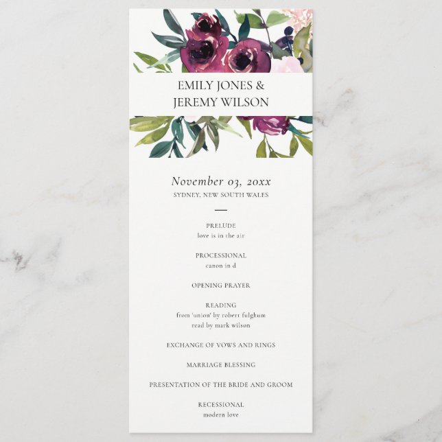 BLUSH BURGUNDY FLORAL WEDDING CEREMONY PROGRAM MENU (Front)