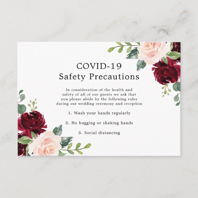 Blush & Burgundy Floral Wedding COVID-19 Safety Enclosure Card (Front)