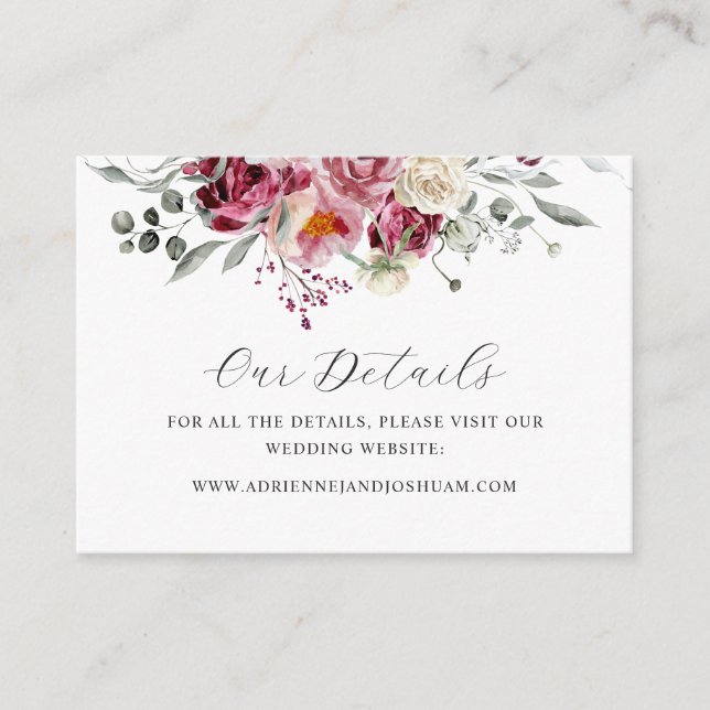 Blush & Burgundy Floral Wedding Details Enclosure Card (Front)