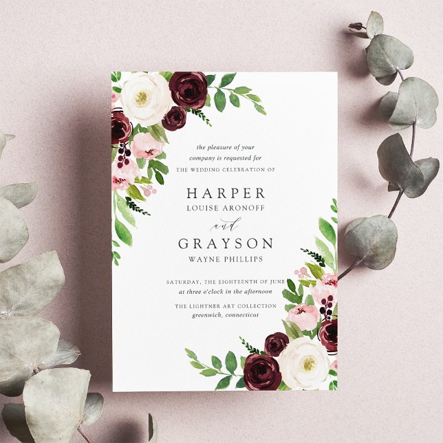 Blush & Burgundy Floral Wedding Invitation (Creator Uploaded)