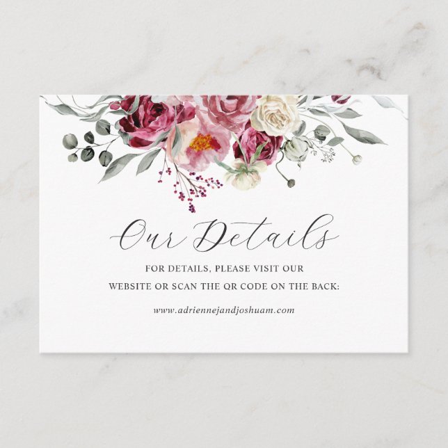 Blush & Burgundy Floral Wedding QR Code Details Enclosure Card (Front)
