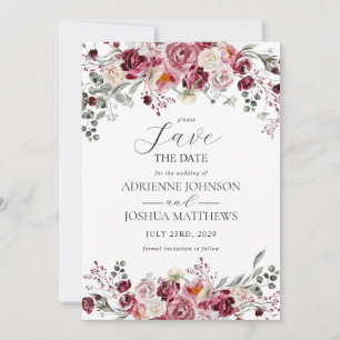 Blush & Burgundy Floral Wedding Save The Date Invitation