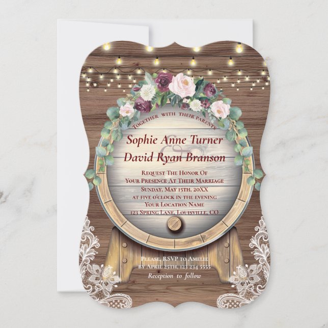 Blush Burgundy Floral Wine Barrel Lace Wedding Invitation (Front)