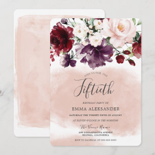 Blush Burgundy Floral Womans 50th Birthday Party Invitation