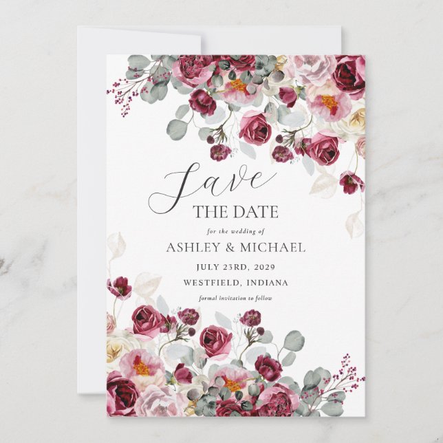 Blush & Burgundy Florals Wedding Save The Date Invitation (Front)
