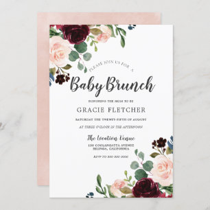 Blush & Burgundy Flowers Baby Shower Brunch Invitation
