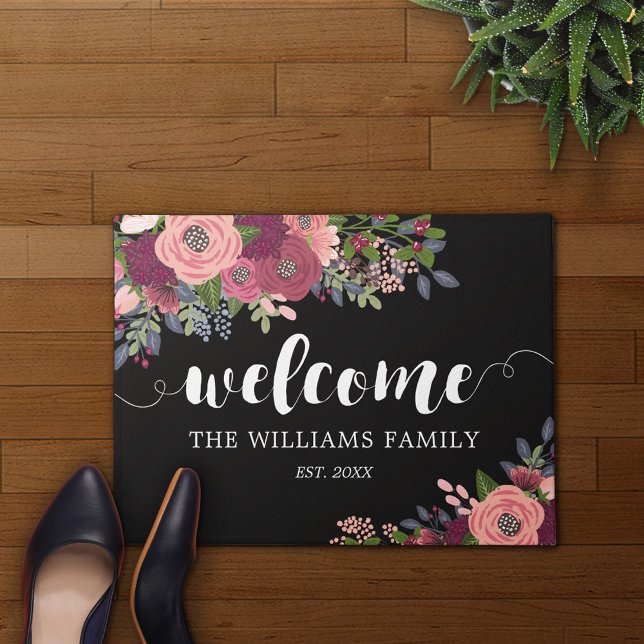 Blush & Burgundy Flowers Black Family Name Welcome Doormat (Creator Uploaded)