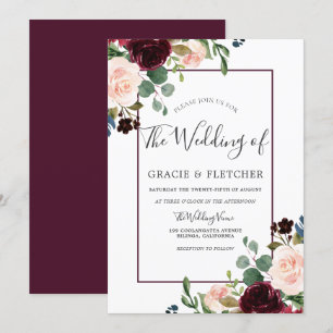 Blush & Burgundy Flowers Border Frame Wedding Invitation