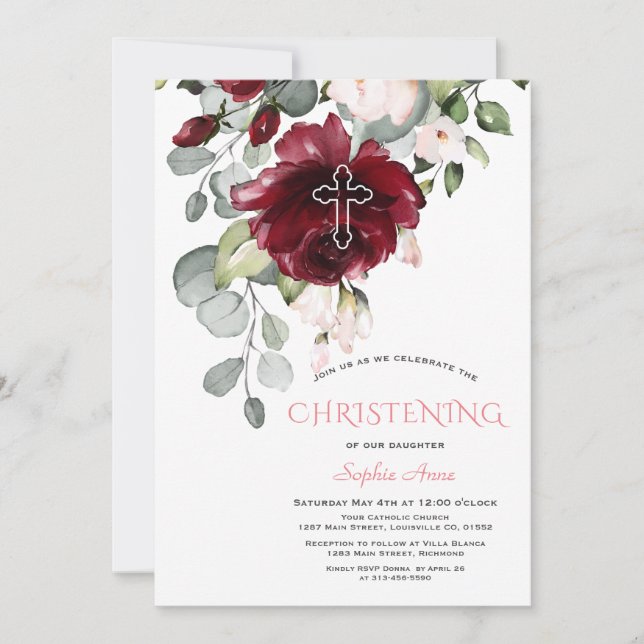 Blush Burgundy Flowers Cross Girl Christening Invitation (Front)