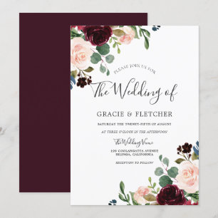 Blush & Burgundy Flowers Elegant Fall Wedding Invitation