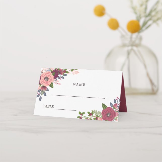 Blush & Burgundy Flowers - Names & Wedding Date Place Card (Front)