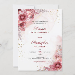 Blush Burgundy Flowers Roses Faux Gold Wedding Invitation