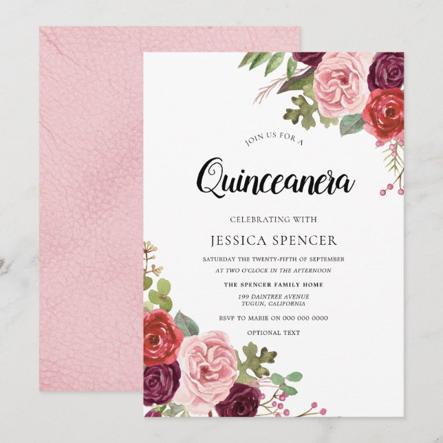 Blush & Burgundy Flowers Trendy Quinceanera Invite (Front/Back)