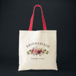 Blush & Burgundy Flowers Wedding Bridesmaid Tote Bag<br><div class="desc">Bridesmaid tote bag with elegant fonts and a lovely flower bouquet with pink roses and burgundy hydrangeas. Add your bridesmaid's name too!</div>