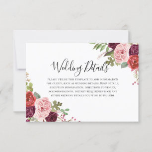 Blush & Burgundy Flowers Wedding Reception Details Invitation