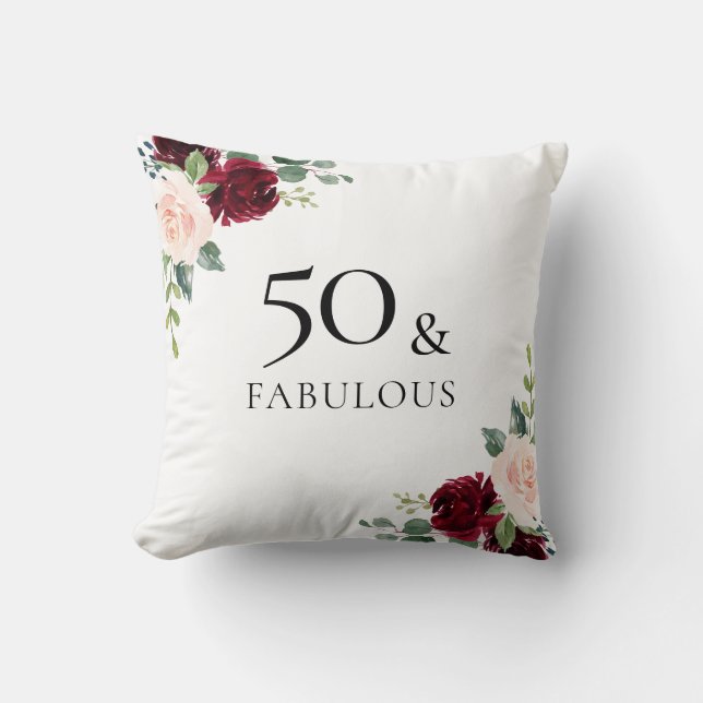 Blush Burgundy Flowers Womans 50th Birthday Gift Cushion (Front)