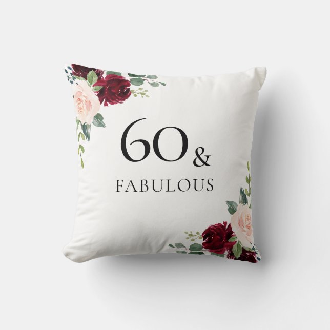 Blush Burgundy Flowers Womans 60th Birthday Gift Cushion (Front)