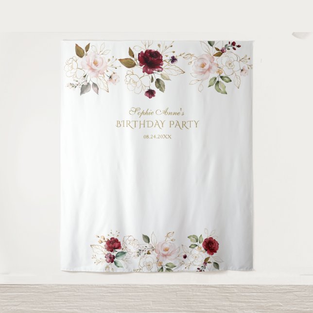 Blush Burgundy Gold Floral Birthday Photo Booth Tapestry (Front)