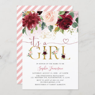 Blush Burgundy Gold Floral It's A Girl Baby Shower Invitation