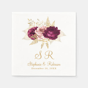 Blush Burgundy Gold Floral Monogram Wedding Paper  Napkin