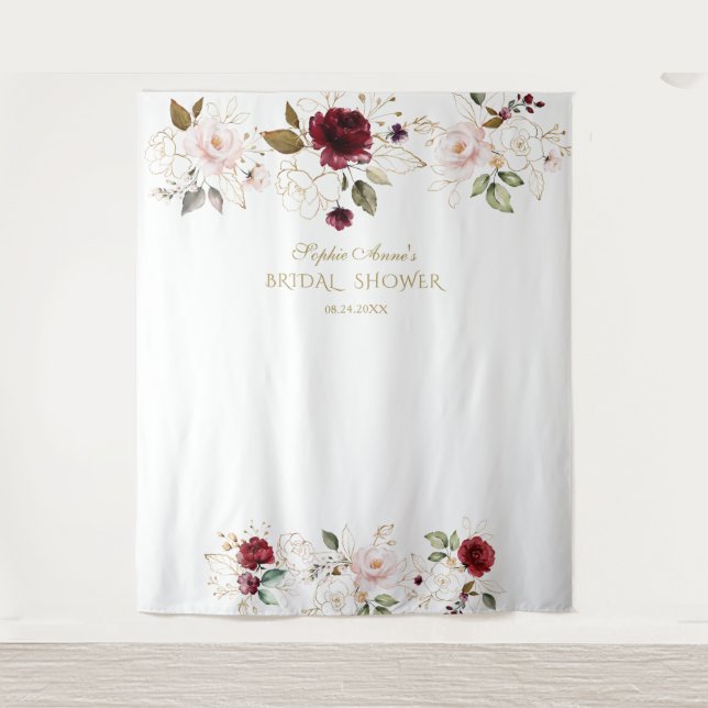 Blush Burgundy Gold Flowers Wedding Photo Booth Tapestry (Front)