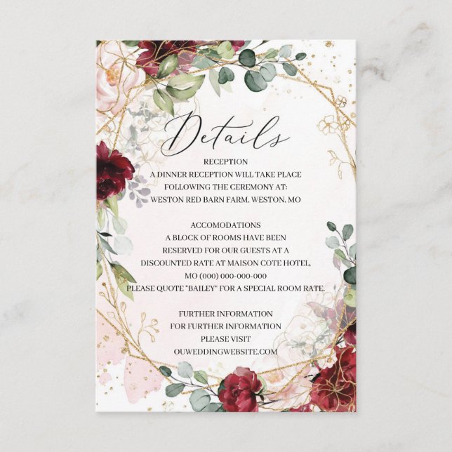 Blush burgundy gold geometric wedding details enclosure card (Front)