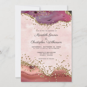 Blush Burgundy Gold Glitter Agate Wedding Invitation