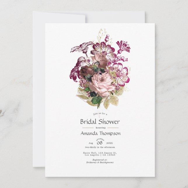 Blush Burgundy Gold Shabby Floral Bridal Shower Invitation (Front)