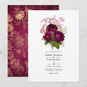 Blush Burgundy Gold Shabby Floral Wedding QR Code  Invitation