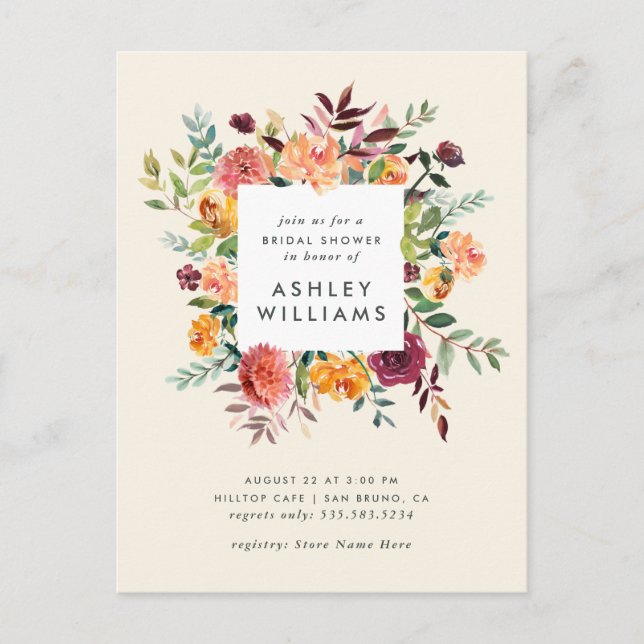 Blush & Burgundy Marsala Floral Bridal Shower Invitation Postcard (Front)