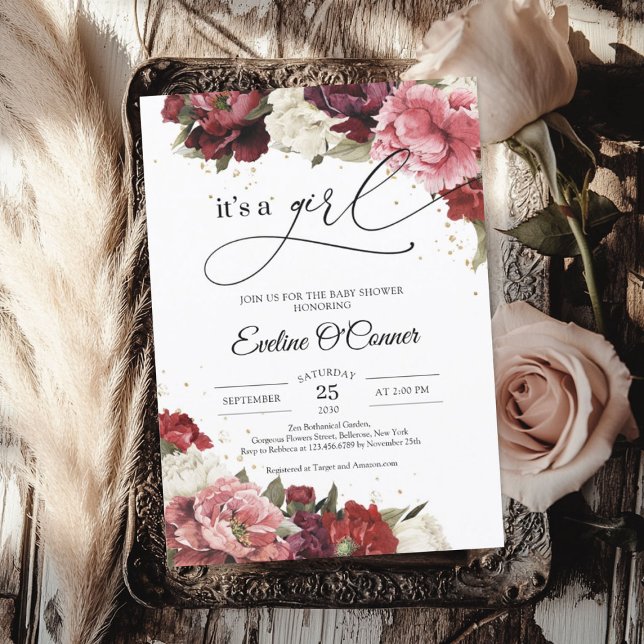 Blush burgundy mauve & maroon peonies its' a girl invitation (Blush burgundy mauve & maroon peonies its' a girl invitation)