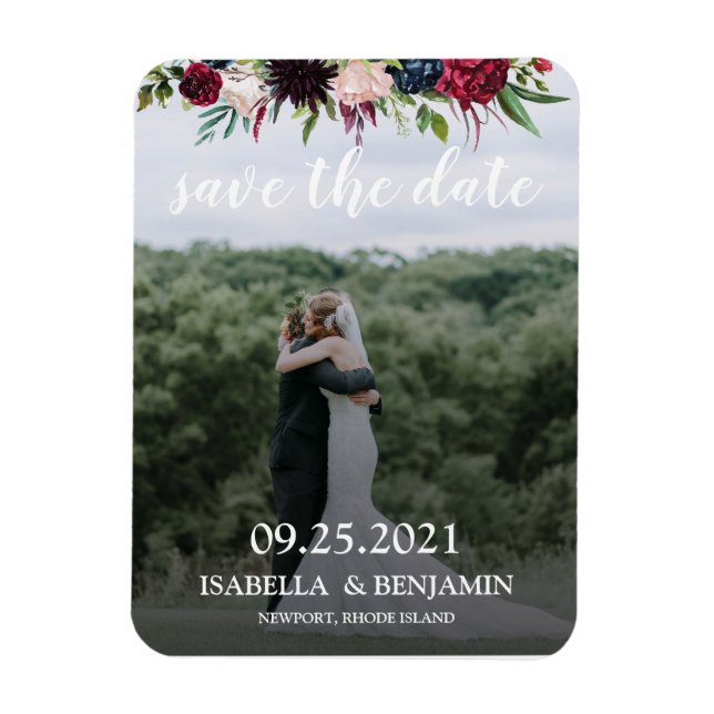 Blush Burgundy Navy Blue Floral Elegant Photo Save Magnet (Vertical)