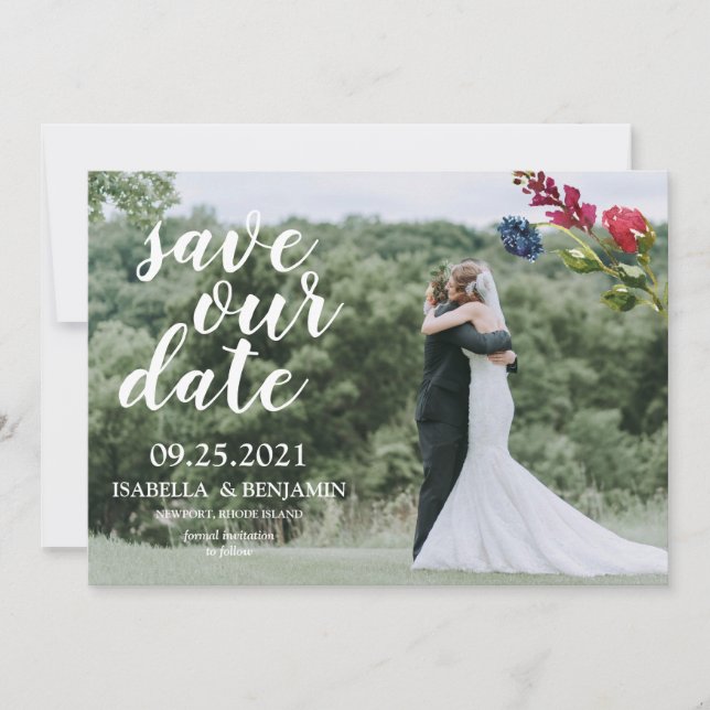 Blush Burgundy Navy Blue Floral Elegant Photo Save The Date (Front)