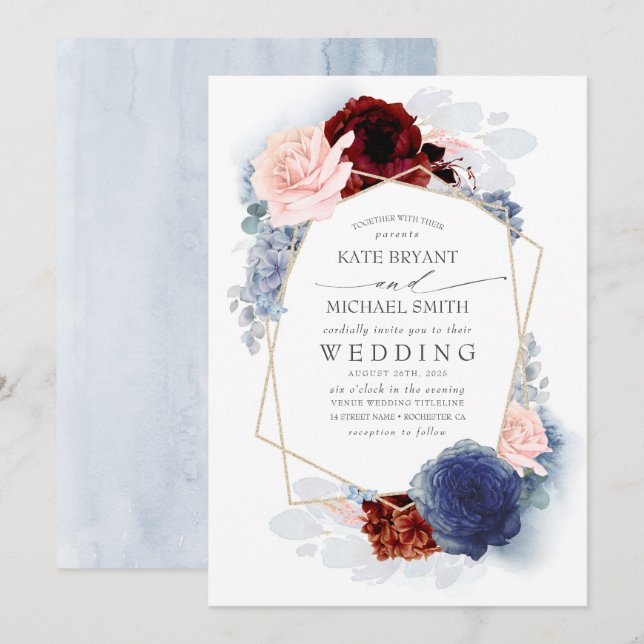 Blush Burgundy Navy Blue Floral Wedding Invitation (Front/Back)
