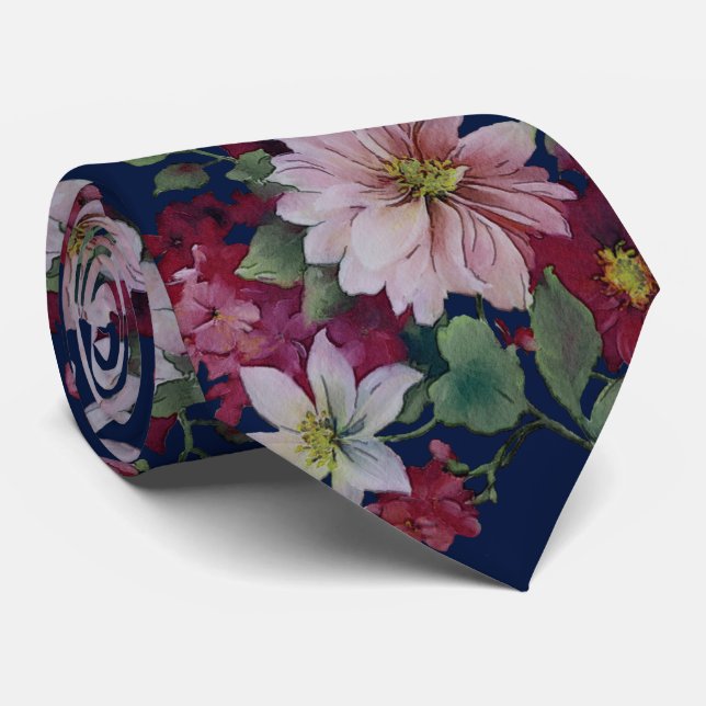 Blush Burgundy Navy Blue Floral Wedding Tie (Rolled)