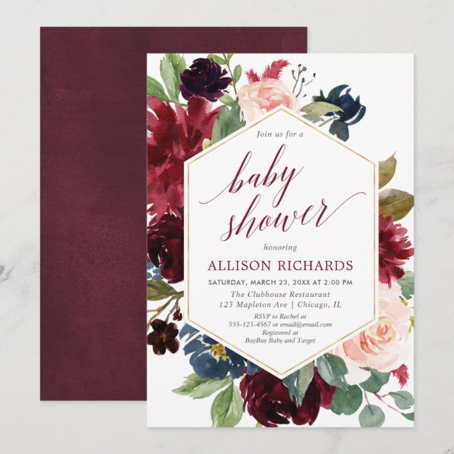 Blush burgundy navy blue girl baby shower floral invitation (Front/Back)