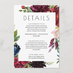 Blush Burgundy Navy Floral Wedding Details Card