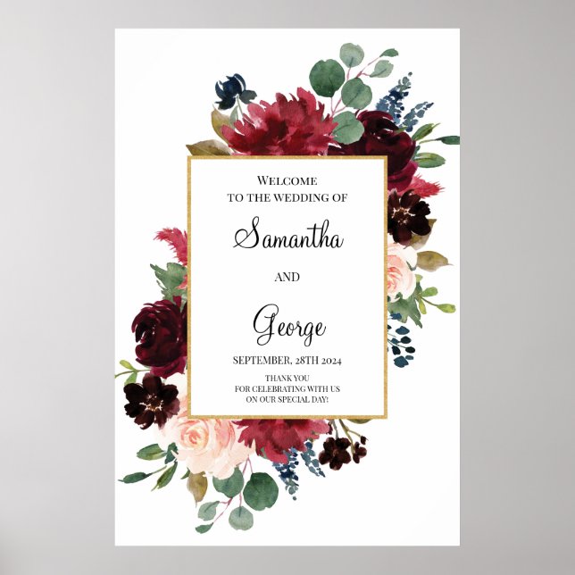 Blush burgundy navy floral wedding welcome sign (Front)