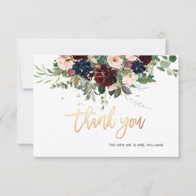 Blush Burgundy Navy Flowers Thank You Faux Gold Invitation (Front)