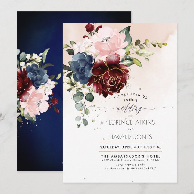 Blush Burgundy Navy Watercolor Roses Invitation (Front/Back)
