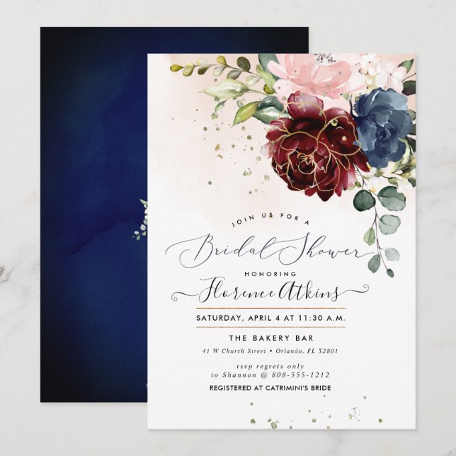 Blush Burgundy Navy Watercolor Roses Invitation (Front/Back)