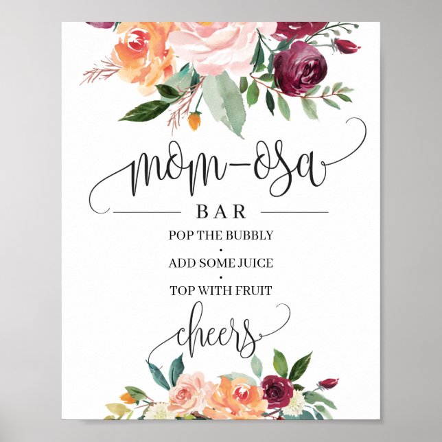Blush burgundy orange floral mum-osa bar sign (Front)