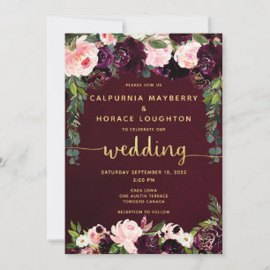 Blush Burgundy Parade Gold Calligraphy Wedding Invitation