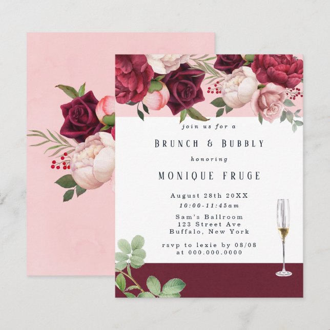 Blush Burgundy Peony Chic Brunch & Bubbly Invites (Front/Back)